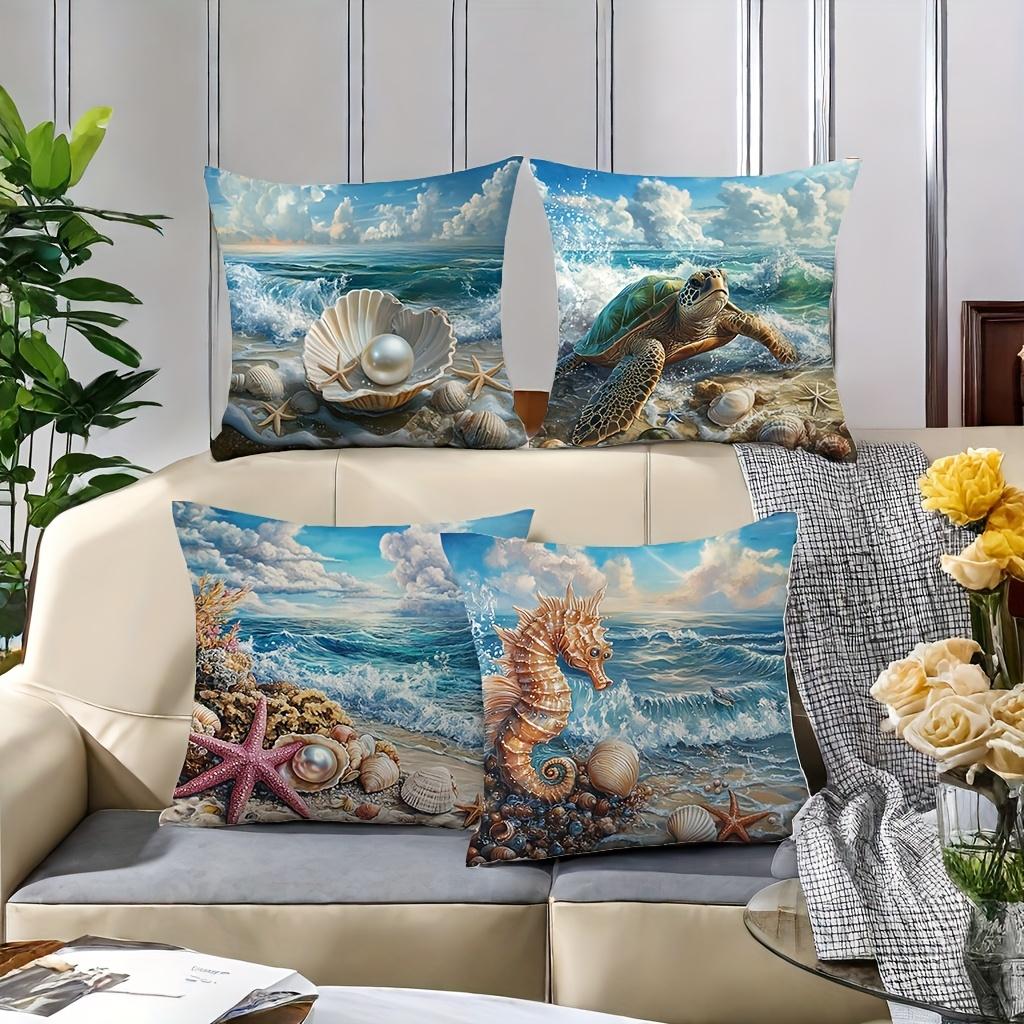4-piece Summer Beach Pillowcase Set - Featuring Seahorse, Starfish, and Seashell Patterns, Suitable for Sofas, Cars and Bedrooms