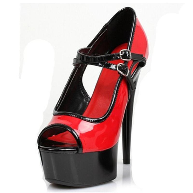 Sexy Fetish 6Inch Strip Thin High Heel Exotic Platform Sandals Women 15cm Pumps Rosy Red Patchwork Peep Toe Pole Dance Shoes