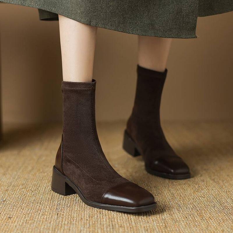 Herbst und Winter Mittelhohe Wildleder Ritterstiefel Damen Bequem Ärmel Quadratischer Absatz Lederstiefel Koreanische Version Quadratische Spitze Gummisohle Med