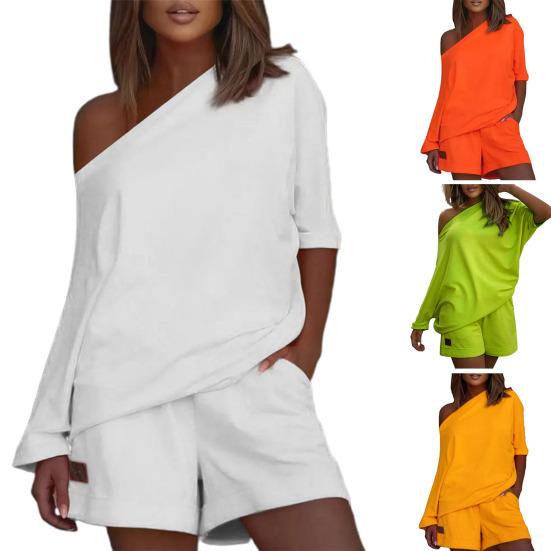 2 Pcs/Set Women Tracksuit Solid Color One-shoulder Short Pants Leisure Summer Top Set for Daily Wear