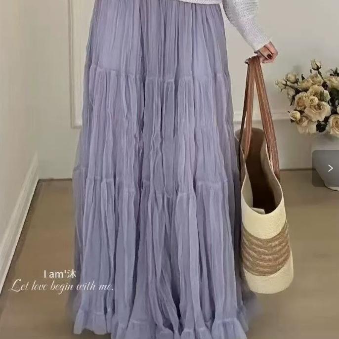 Spring Elegant Pleated Skirt for Women with Elastic Waist Slim Fit A-Line Long Design