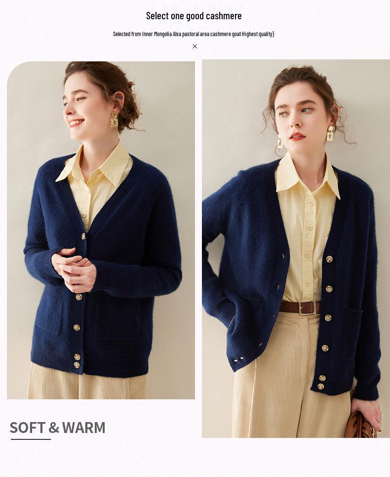 Women's Cashmere V-neck Cardigan: Autumn/Winter, Slimming, Knitted, Raglan Sleeve, Versatile Sweater.