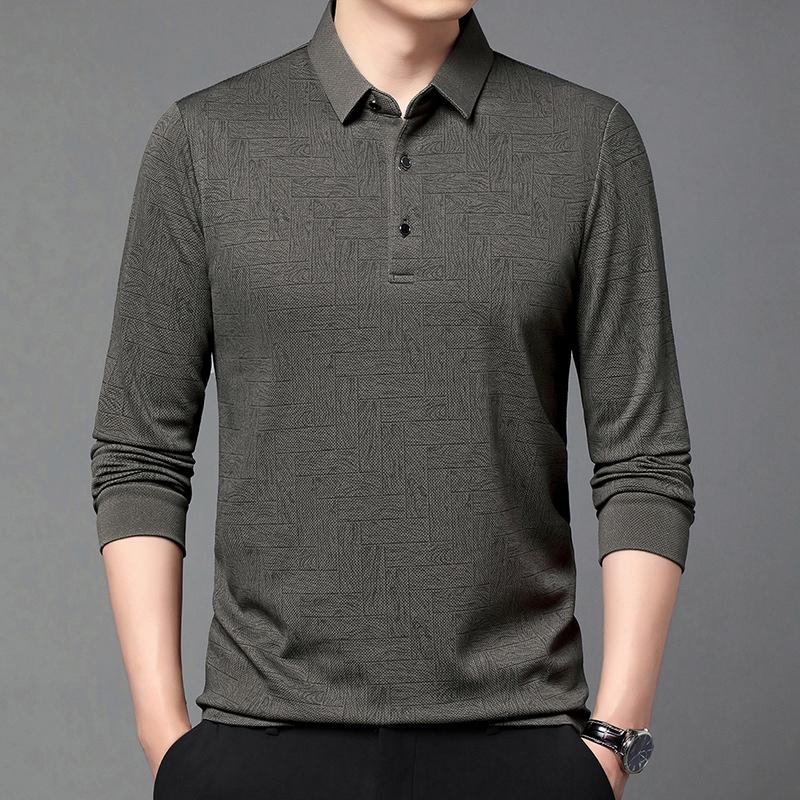 Spring Autumn Polo Shirts Men Business Casual Elastic Polos Solid Color Print Long Sleeve Tees