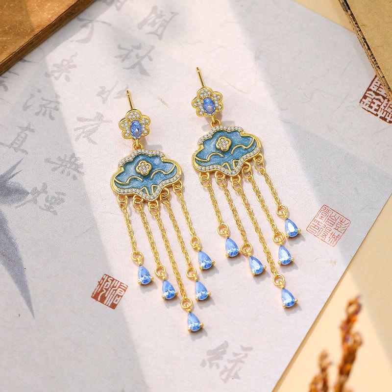 Artistic Ruyi Cloud & Longevity Lock Earrings: 925 Sterling Silver Chinese Style Tassel Studs Gold Plated