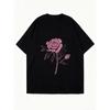Oversized T Shirt Black Rose Flower Print Casual Loose Fit Top for Women Summer Streetwear Fashion Statement Piece