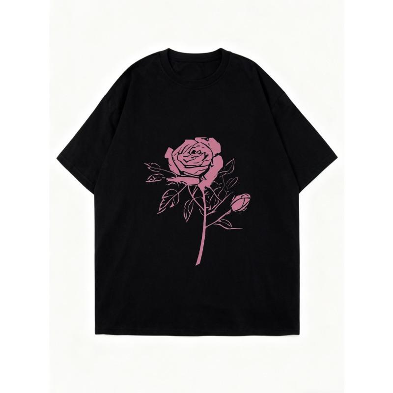 Oversized T Shirt Black Rose Flower Print Casual Loose Fit Top for Women Summer Streetwear Fashion Statement Piece