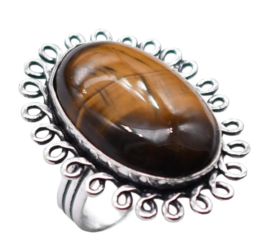 Tiger Eye Natural Gemstone Antique Silver Plated Ring US Size-5 A 376