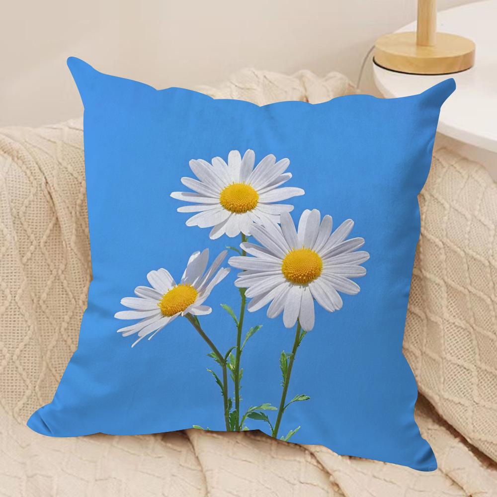 Flower Daisy Cushion Cover Soft Plush Fabric Double-Sided Printed Sofa Cushion Cover for All Seasons Home Decor Gift