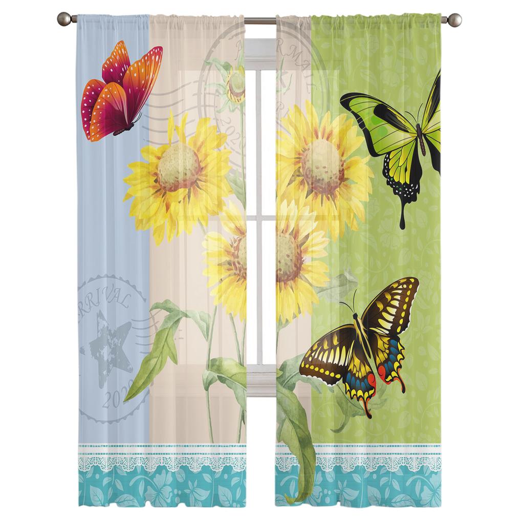 Flower Sunflower Butterfly Postmark Tulle Window Treatment Sheer Curtains for Living Room the Bedroom Curtains Decoration