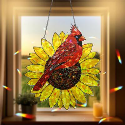 Yousheng Roter Vogel Sonnenblume Acryl Dekoration Innen Außen Garten Hof Fenster Wandbehang Buntglas-Effekt Sonnenfänger Vogel Hängeornament