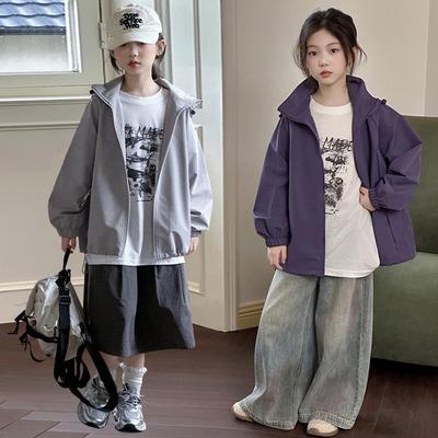 Girls' Sporty Hooded Windbreaker - Embroidered, Big Kids' Jacket for Autumn & Spring