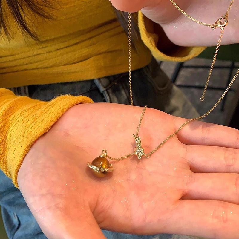 Tiger's Eye Stone Planet Pendant Necklace Simple Daily Commuter Versatile Clavicle Chain Light Luxury Niche Necklace