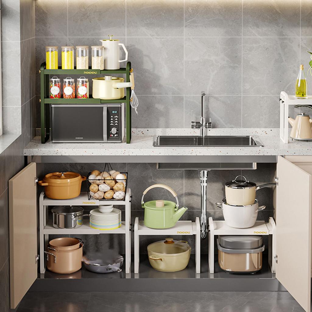 Tabletop Kitchen Storage Rack White Plastic Double Layers Telescopic Kitchen Shelf Organizer for