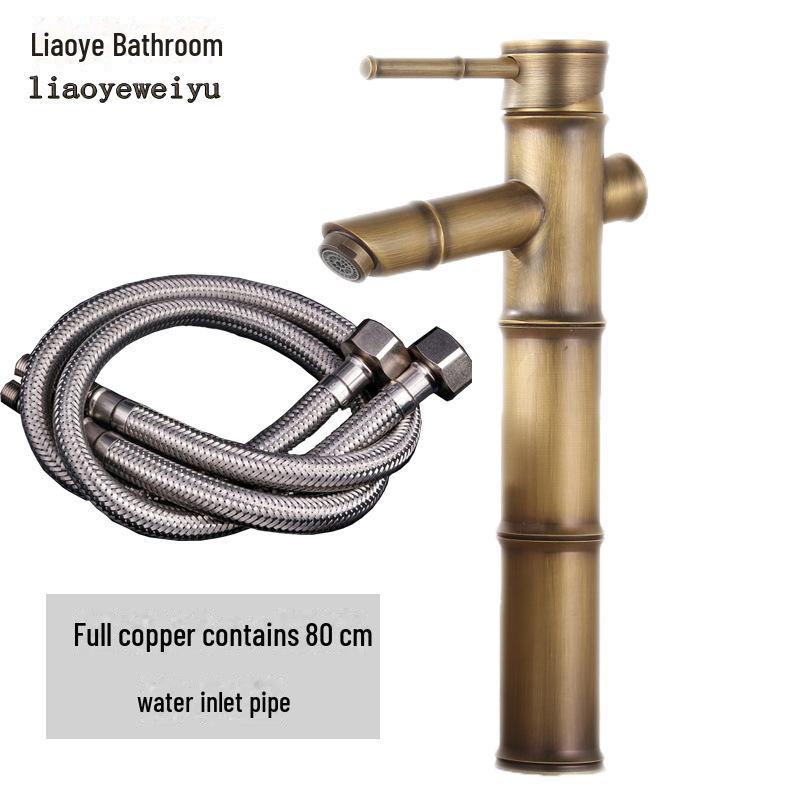 Baterie de baie europeană antică din cupru cu bambus – Baterie pentru lavoar cu apă caldă/rece pentru chiuvete deasupra blatului