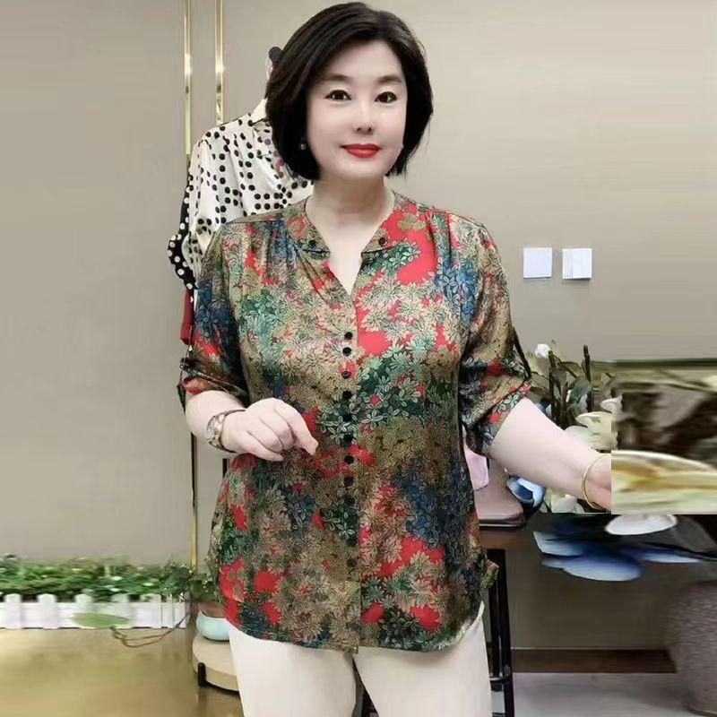 Women's Silk Blouse Summer Loose Floral Plus-Size Shirt V-Neck Printed Silk Shirt