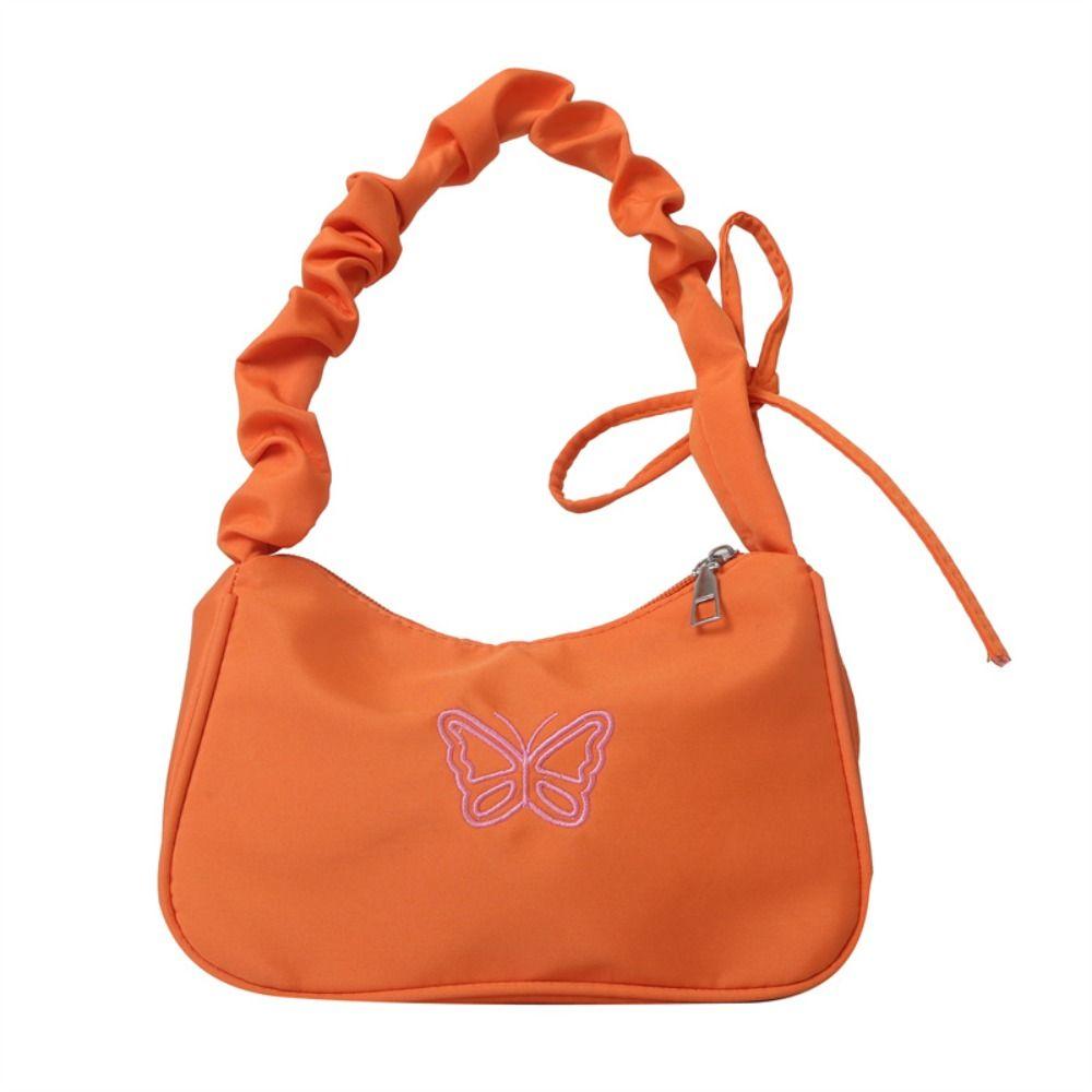 

Сумка для подмышек с рюшами и ручкой в ​​форме полумесяца, нейлоновая сумка-тоут с вышивкой и бантом для женщин и девочек orange-simple