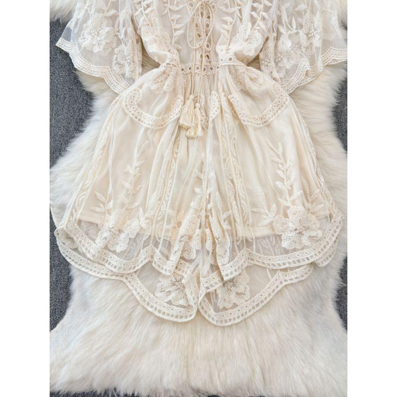 V Neck Fashion Sexy Embroidered Vacation Blouse Jumpsuit