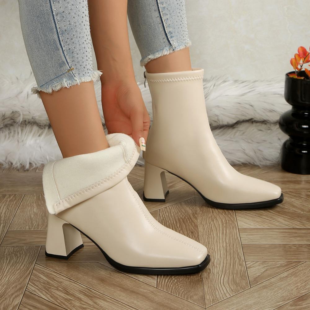 Elegant Square Toe Block Heel Ankle Boots For Women Leather Back Zipper Short Boots Woman Fashion High Heel Boots