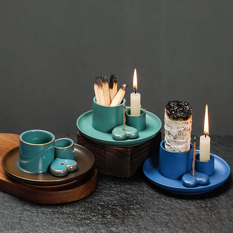 1 pièce Set Brûleur d'Encens en Céramique - Décoration d'Intérieur Multifonctionnelle, Brûleur 4-en-1 pour Bâtonnets d'Encens & Sauge, Porte-Palo Santo & Bougie