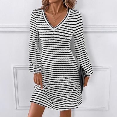 2025 Spring White Stripe Long Sleeve V-neck Casual Mini Dress for Women Elegant Skinny Elastic Knitted Dresses Office Lady Dress