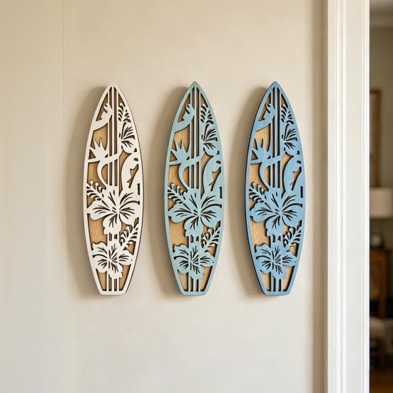 3 Pcs Wooden Surfboard Wall Decor Hollow Flowers Wall Art Beach Ocean Boho Wall Hanging Ornaments for Living Room Bedroom