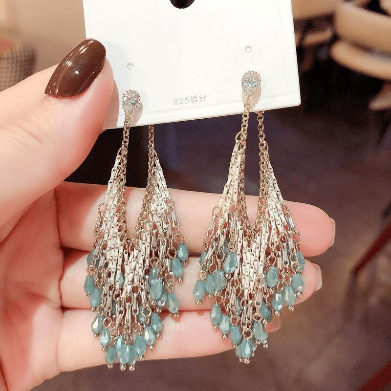 Retro silver needle glass water drop fringed earrings light luxury high sense fashion versatile stud earrings niche design earrings