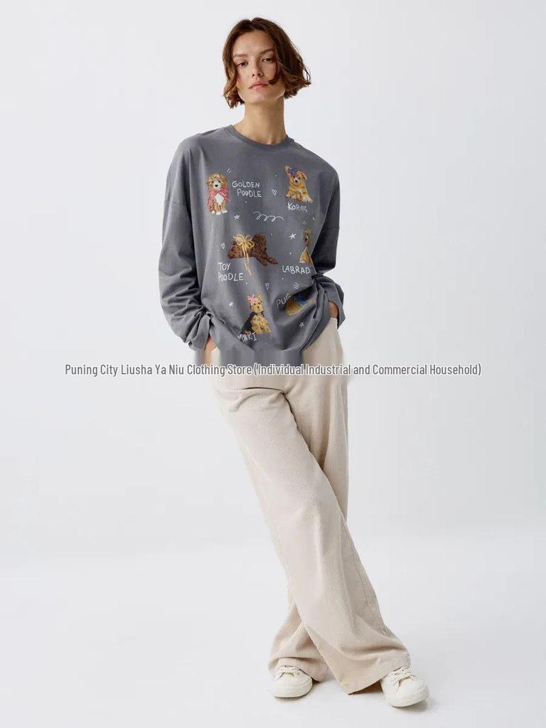 Women's Autumn Cute Puppy Print Long Sleeve 100% Cotton Hip Hop Top