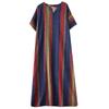Summer Thin Cotton Linen Print V-neck Loose Oversized Simple Casual Vacation Style Medium Long Dress for Women Dresses