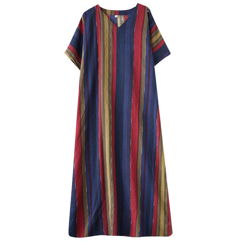 Summer Thin Cotton Linen Print V-neck Loose Oversized Simple Casual Vacation Style Medium Long Dress for Women Dresses