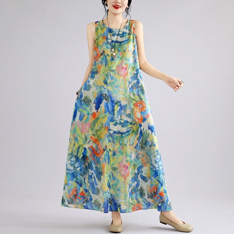 Sleeveless Plus Size Cotton Vintage Floral New In Dresses for Women Casual Loose Long Summer Dress