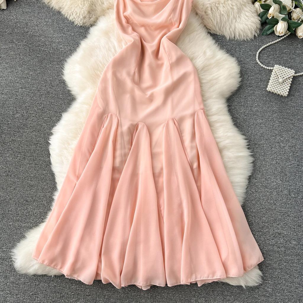 Socialite Sle Vacation Skirts Sexy Square Collar Slim fit Mid-Length Design Sense Frill Big Hemline Sling Dress Women