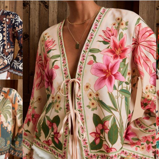 Bohemian Vintage Large Floral Print Tie Front Cardigan Women Fall Long Sleeve V-Neck Open Front Romantic Lazy Style Layering Piece