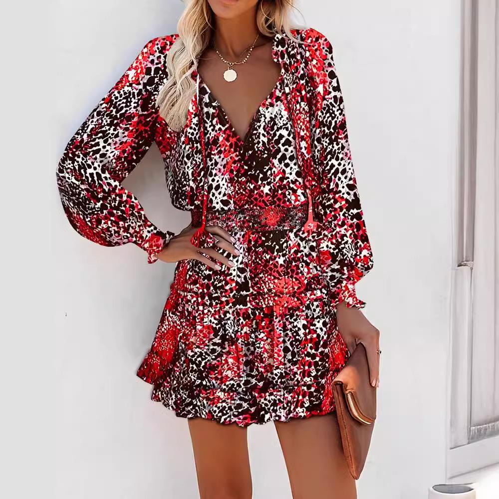 Trendy Women's Print V-Neck Waist-Cinching Dress with Long Sleeves