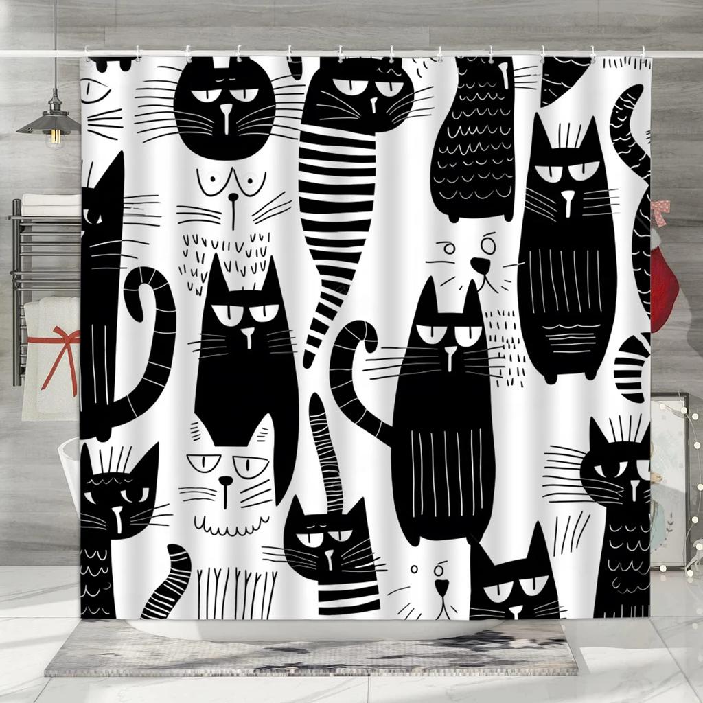 Funny Cat Shower Curtain Cartoon Cute Cats Dog Kids Shower Curtain for Bathroom Waterproof Polyester Home Decor Shower Curtains