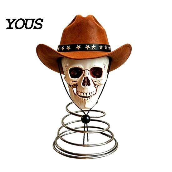 Unique Skull Tabletop Figurine Gothic Tree Topper with Cowboy Hat, Vintage Western Halloween Desktop Ornament Skeleton for Halloween, Spooky Christmas
