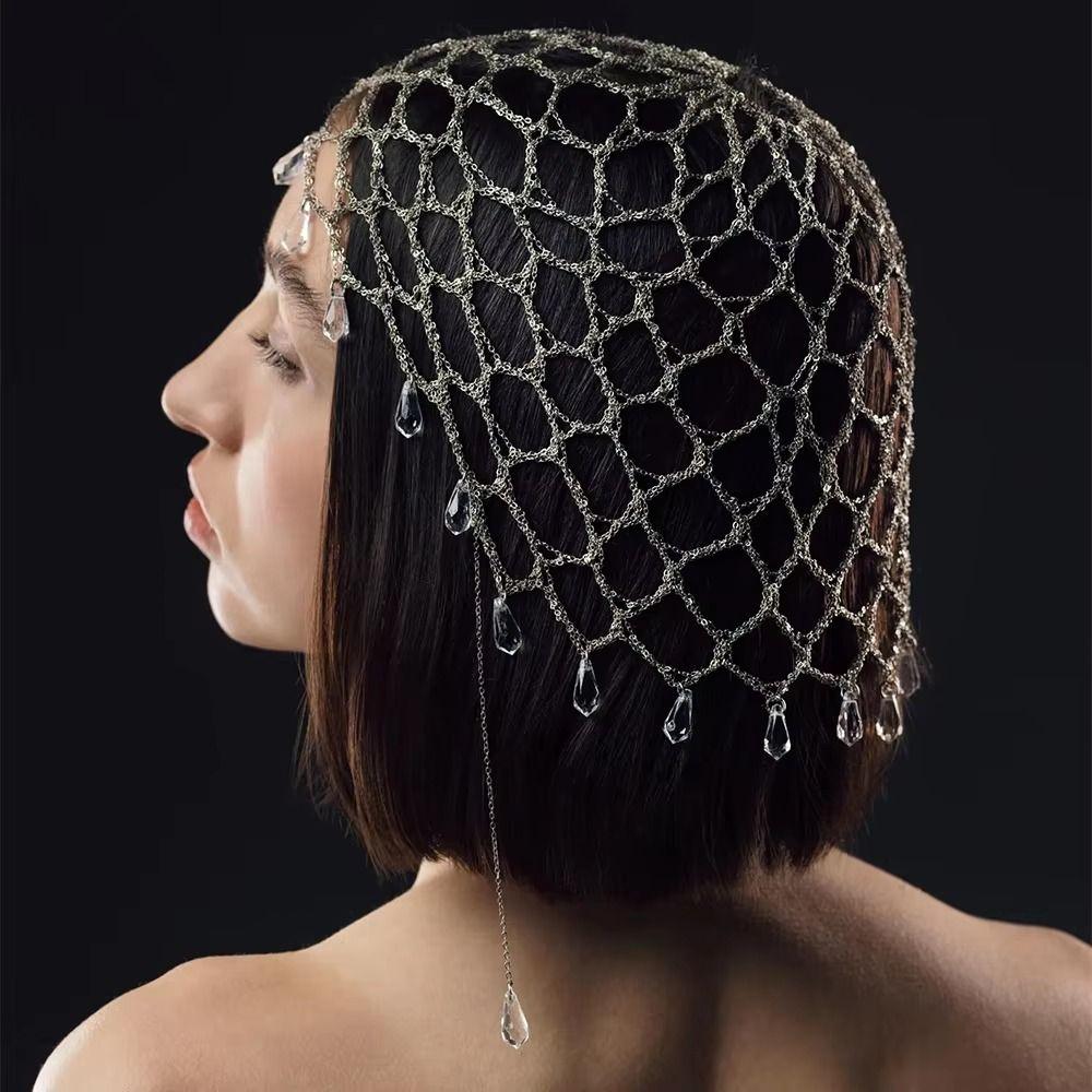 Crystal Tassel Rhinestone Headpiece Beaded Mesh Bridal Head Chain Women Party Headwear