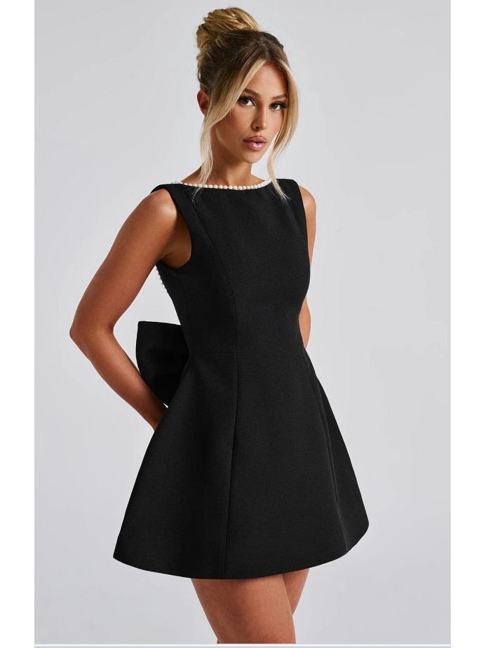 European & American Summer Women's Pearl Bow A-line Backless Dress