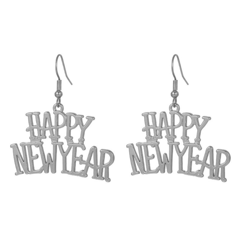 

Happy New Year Pendant Necklace Metal Hollow Dangle Earrings Sweet Cool Clavicle Chain Simple Earrings Statement Jewelry
