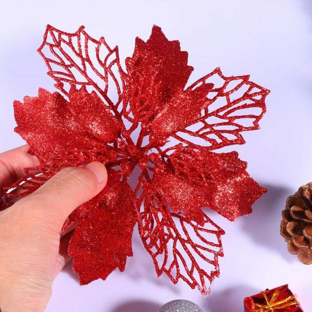 Sparkling Christmas Poinsettia Flower Tree Hanging Decoration Pack of 10