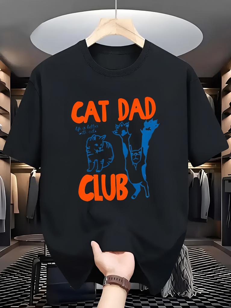 Unisexs Soft Cotton Crew Neck Tee Cat Dad Club Cartoon Kitten Graphic Gift For Male Cat Lovers Casual Daily Short Sleeve Wear Top