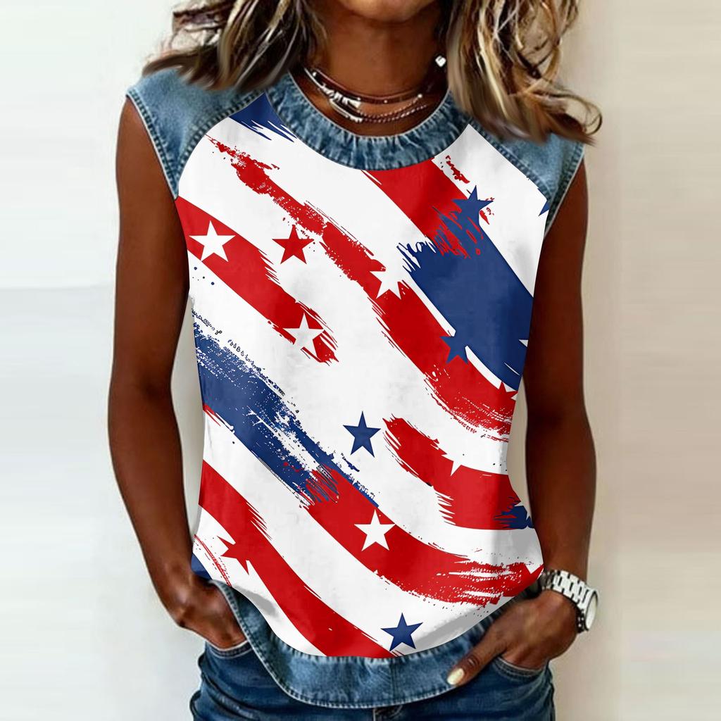 Women's Casual Sleeveless Pullover Tank Top Round Neck Independence Day Print Sleeveless Blouse Summer Outdoor Shirt