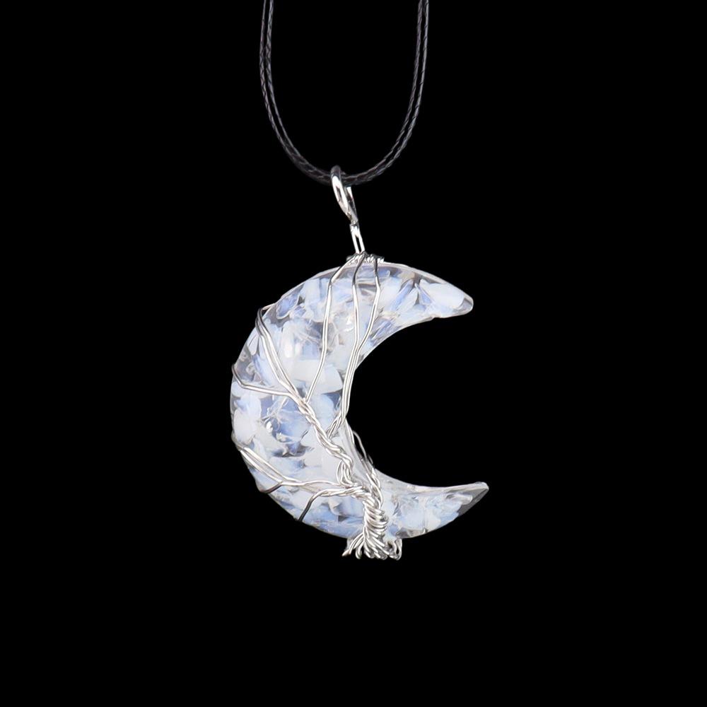 Chakela Crescent Moon Tree of Life Pendant with Natural Crystal Stone and Resin Wrap