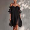 Women's Short Sleeve Mini Dress Off Shoulder High Waist Street Style Ruffle Pleated Chiffon Dress