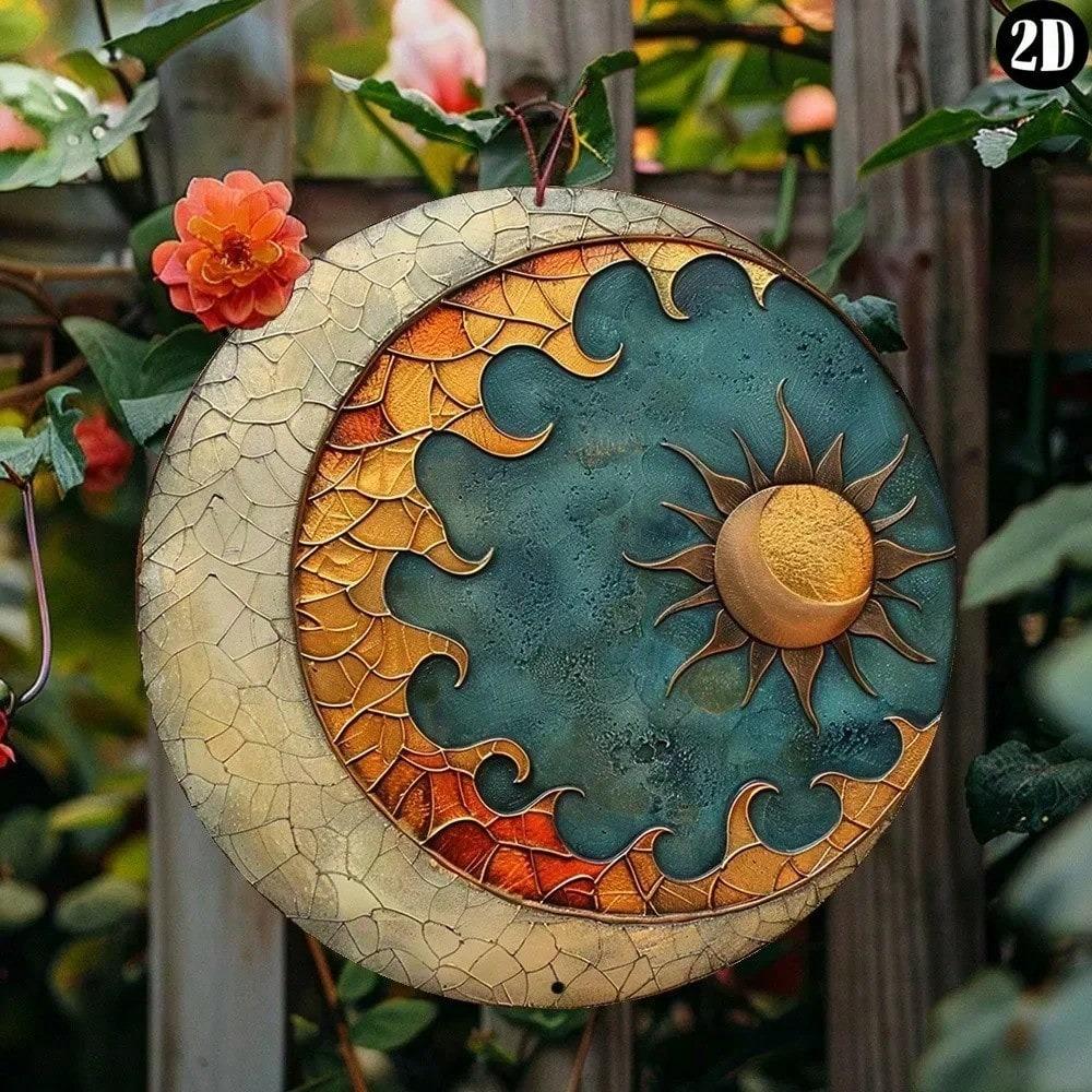 Sun Crescent Moon Metal Sign 2D Flat Rustic Iron Wall Art Outdoor Garden Decor No Power Required