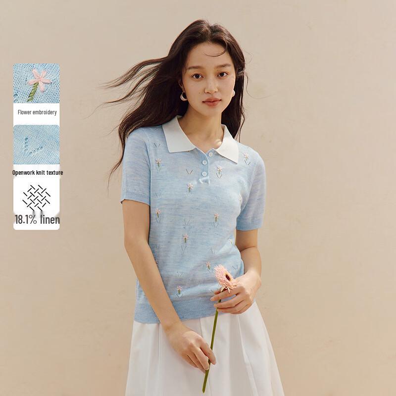 INMAN Women s Floral Embroidered Polo Knit Top M