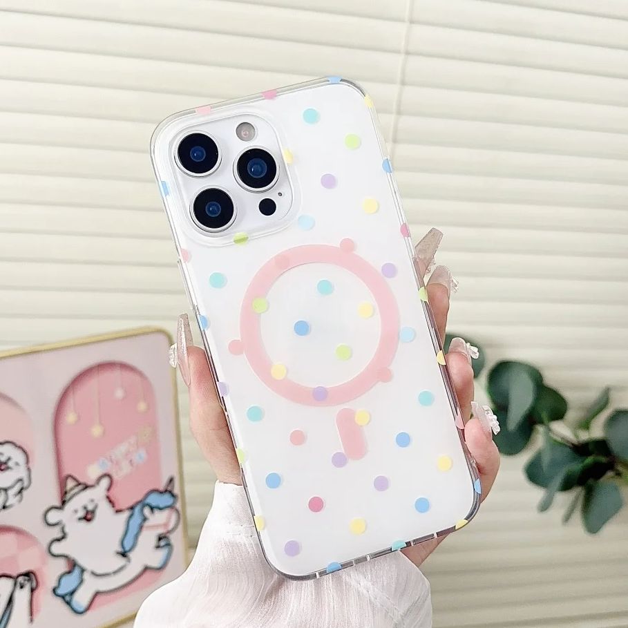 Transparent Candy Colored Polka Dot Hard TPU For Magsafe Phone Case For iPhone 16 14 Pro Max 15 13 Wireless Charge Bumper Cover