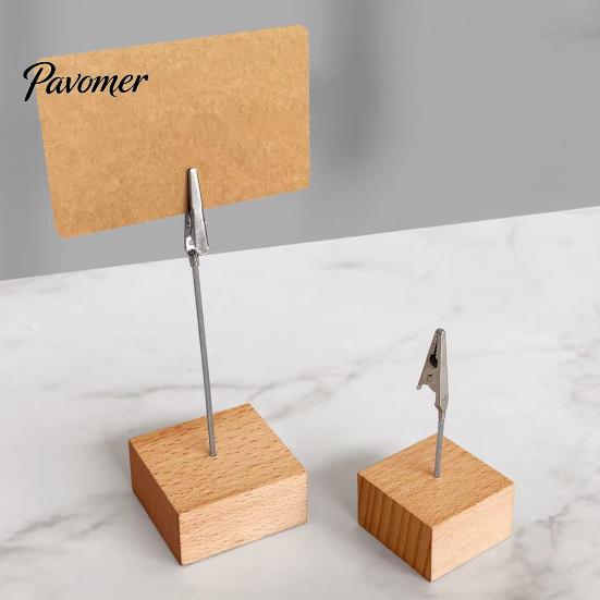 Compact Note Holder Wooden Cube Memo Clip Stand, Display Solid Wood Square Base Receipt Card Holder, Vertical for Wedding Party or Office Table