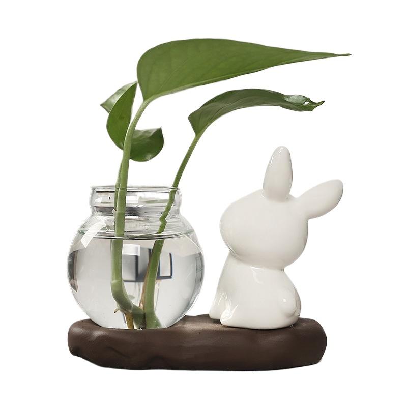1pc Lovely Rabbit Hydroponic Plant Vases Transparent Glass Vase Tabletop Decoration Aquatic Flower Bottle With Wooden Base