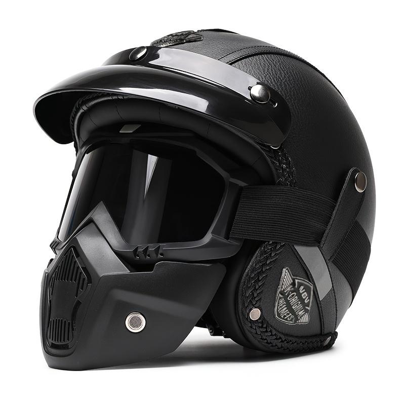 Retro Harley Motorcycle Helmet 555-Black Leather Face Mask Windshield Four Seasons Cruising Motorbike Three Quarters Helmet