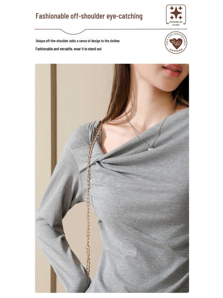 Autumn 2025 French Knitted Straight Shoulder Twisted Long Sleeve Women's Top